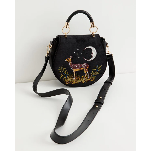 Embroidered Deer & Moon Saddle Bag