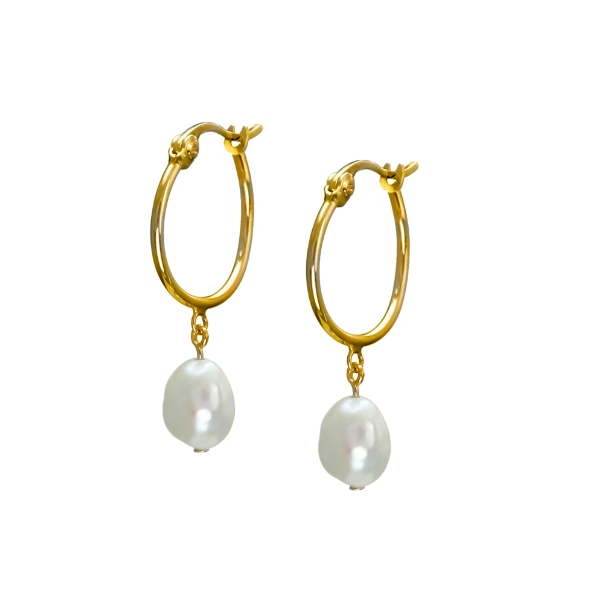Gold Huggie Hoop Pearl Drop Earrings