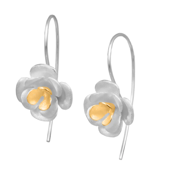 Rose Flower Silver & Gold Drop Earrings