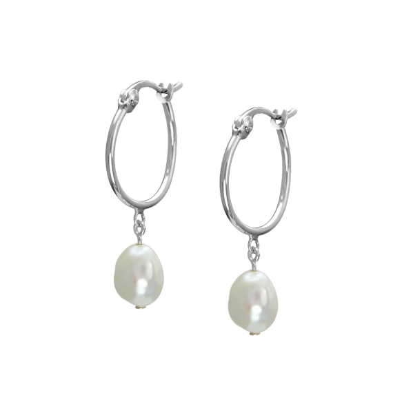 Silver Huggie Hoop Pearl Drop Earrings