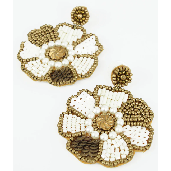 White and Gold Flower Beaded Earrings
