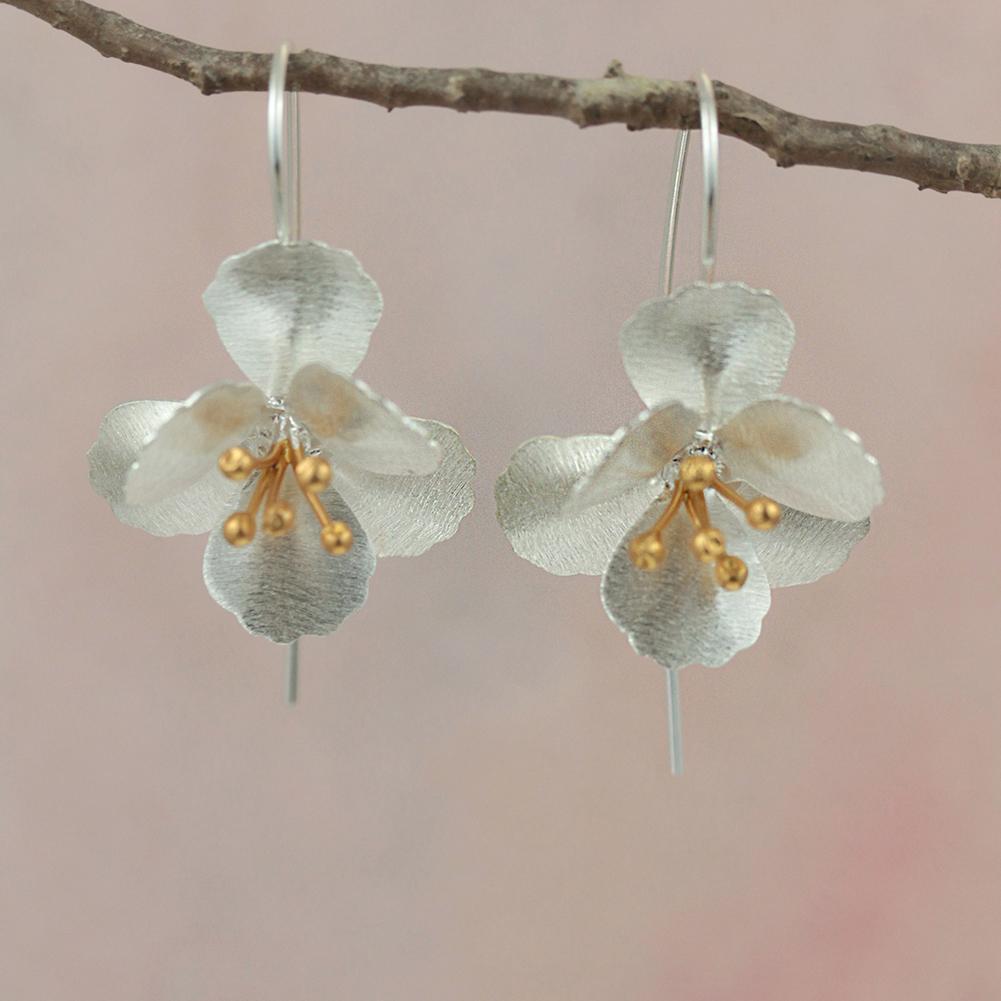 Cherry Blossom Silver & Gold Drop Earrings