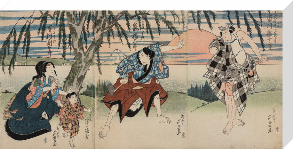 Actors Ichikawa Ebijūrō I as Ukisu no Iwamatsu (R), Arashi Kitsusaburō II as the Farmer (Hyakushō) Jūsaku (C), Arashi Kitsuzō as Jūkichi, and Sawamura Kunitarō II as Jūsaku's Wife (Nyōbō) Okinu (L)