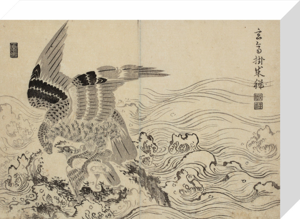 Falcon and small bird in waves