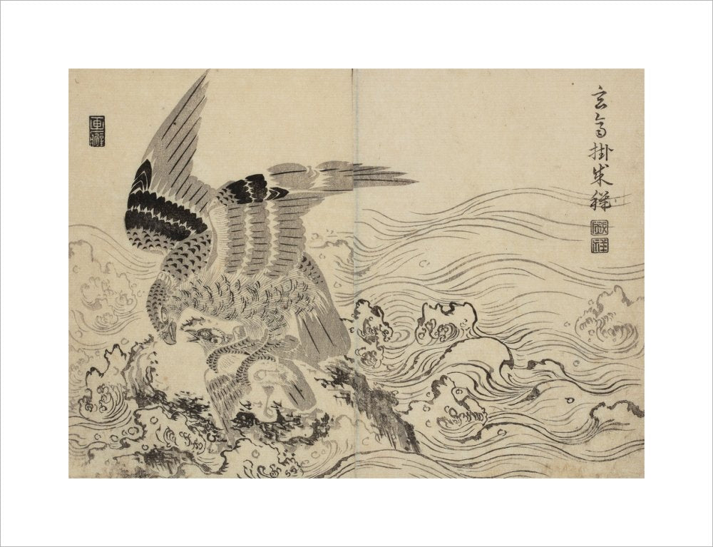 Falcon and small bird in waves