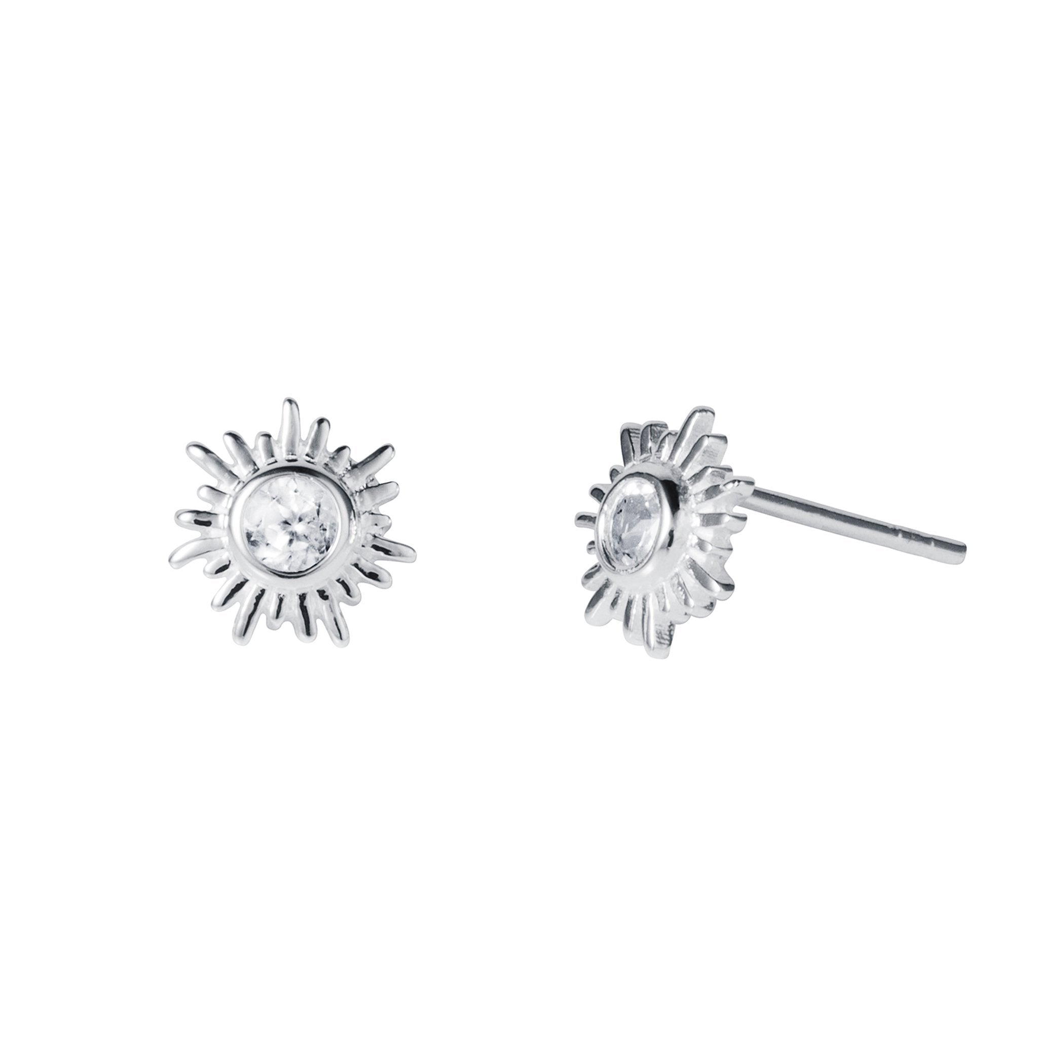 Silver and White Topaz Sun Stud Earrings